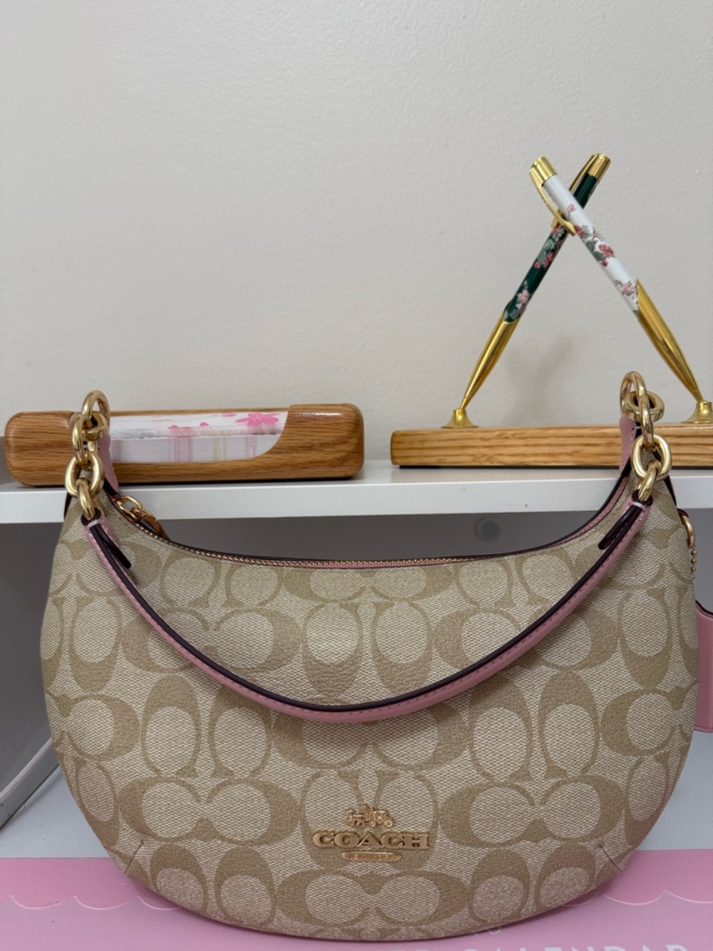 Coach Khaki Signature Crescent Shoulder Bag with Pink Trim